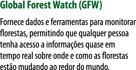 Global Forest Watch (GFW) Fornece dados e ferramentas para monitorar florestas, permitindo que qualquer pessoa tenha    